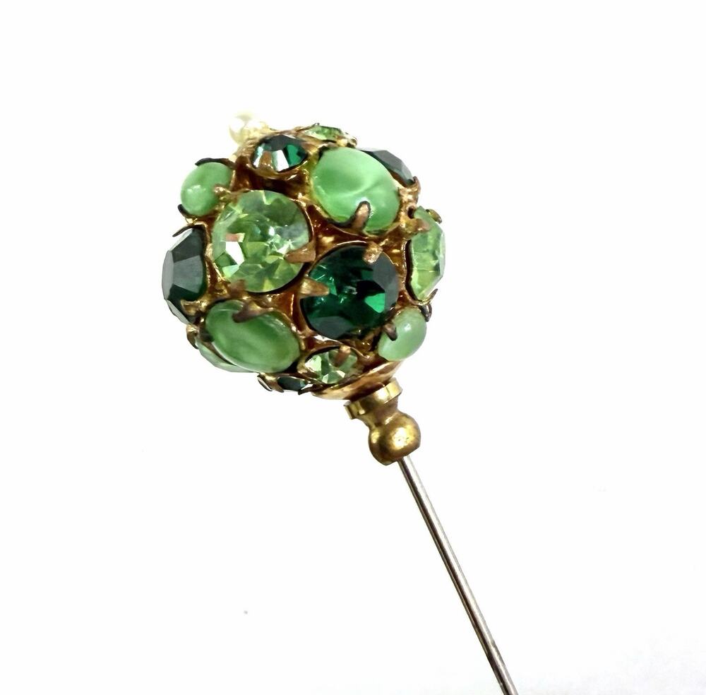 Vintage Hatpin Victorian Green Rhinestone Gem Crystals Brass Base MCM